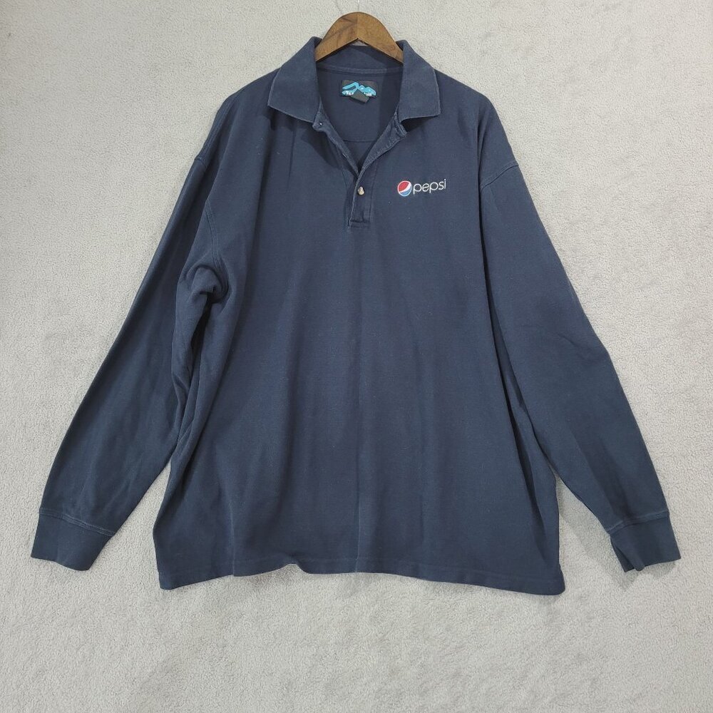 Vtg Tri-Mountain Pepsi Logo 3XL Faded Navy Blue Long Sleeve Polo Shirt
